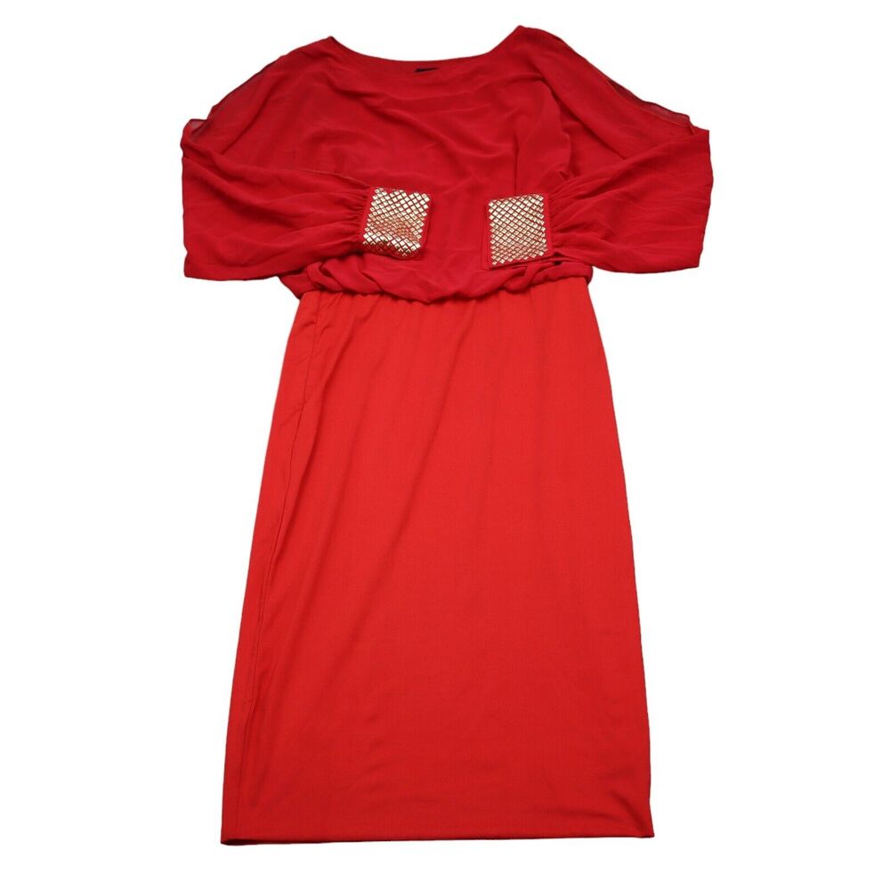 Miss Avenue Dress Womens S Red Midi Sheath Slit Long Sleeve Studded Round Neck